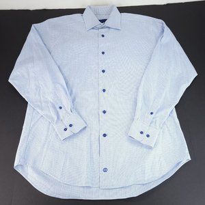 David Donahue Shirt Mens 16 34/35 White Blue Nailhead Check Pattern Navy Buttons
